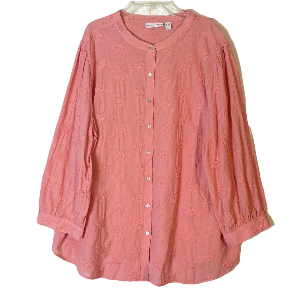 Nwot Susan Graver Pink Button Blouse 3X Floral Boho Indie Coastal Grandma Summer